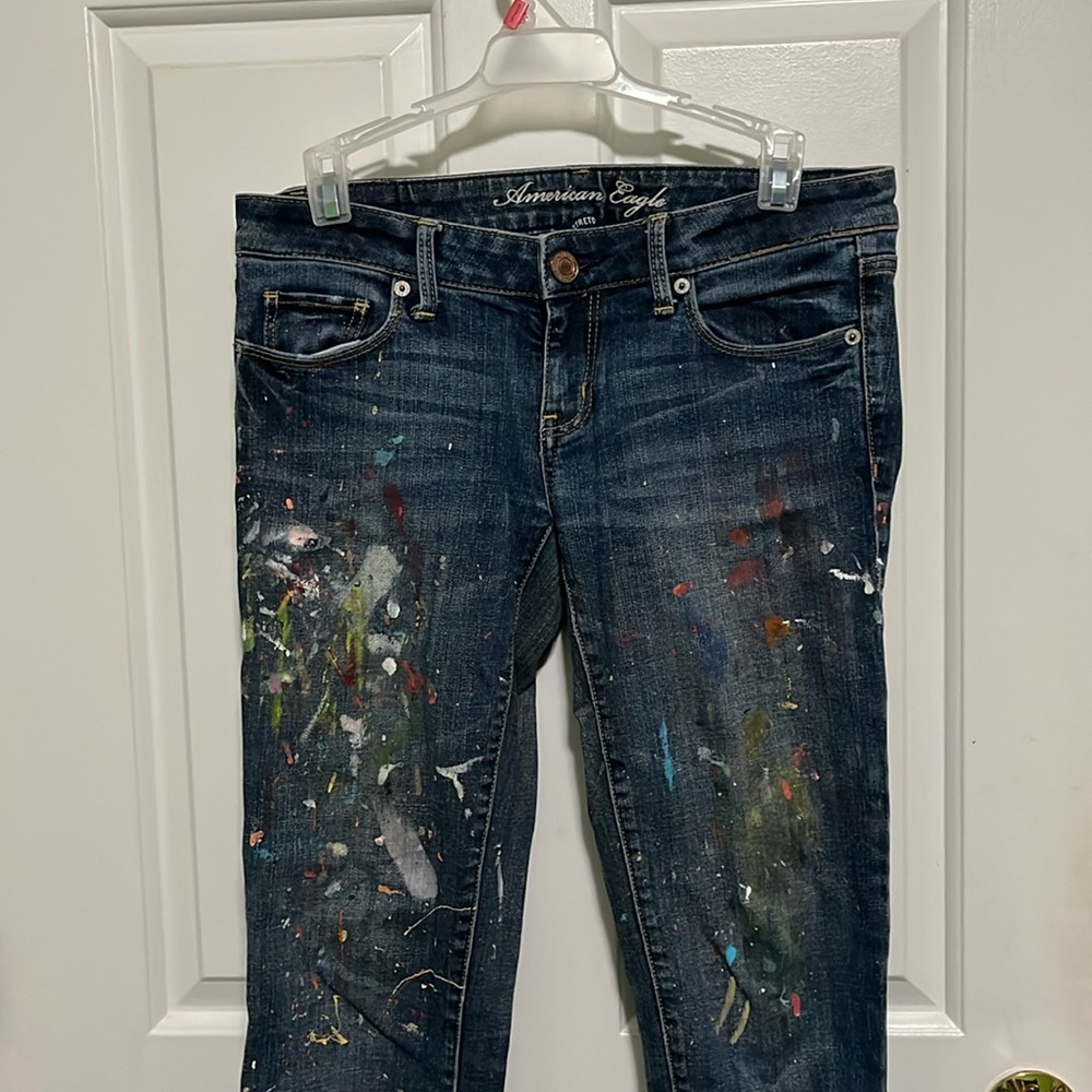American Eagle Paint Splatter Raw Hem Skinny Jeans size 2 long